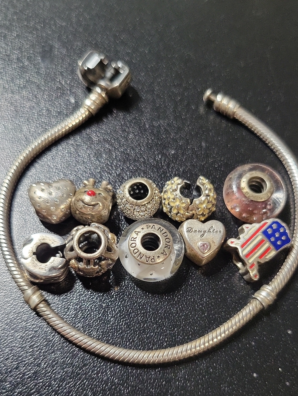 Pandora Silver Charm Lot With Bracelet with Mixed Enamel and Heart Charms